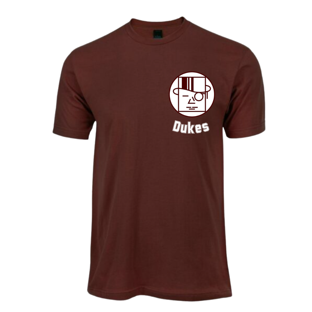Brown t-shirt with a logo and text on a white background