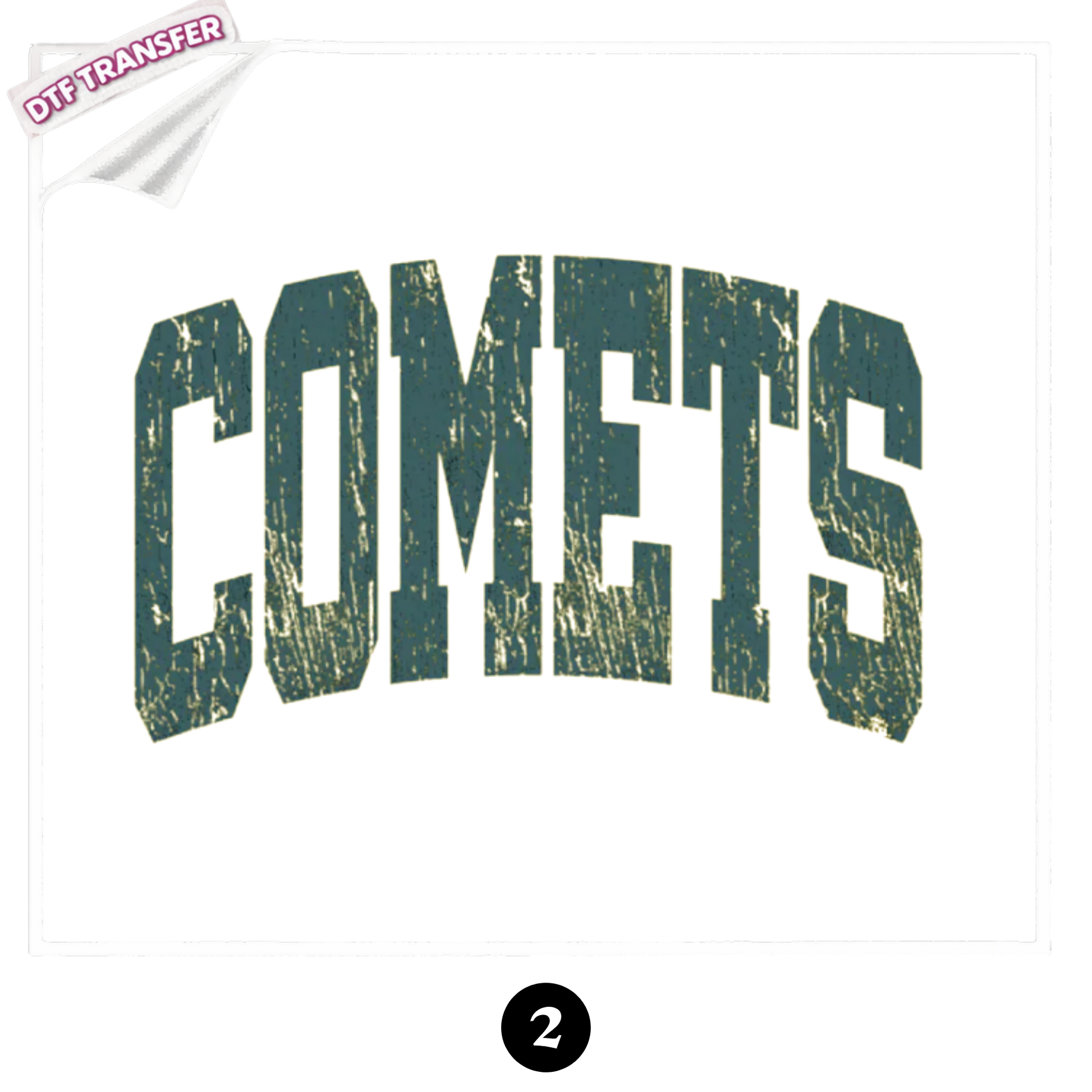 Distressed COMETS athletic block DTF transfer in green and gold for school spirit shirts