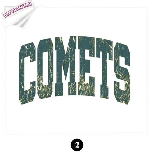 Distressed COMETS athletic block DTF transfer in green and gold for school spirit shirts