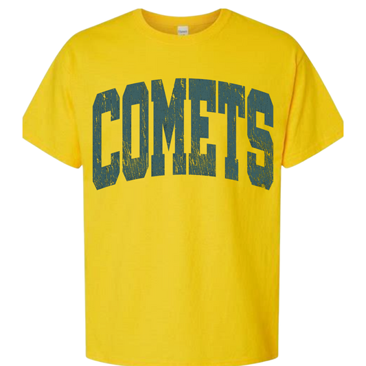 Yellow t-shirt with 'COMETS' printed in green on a white background