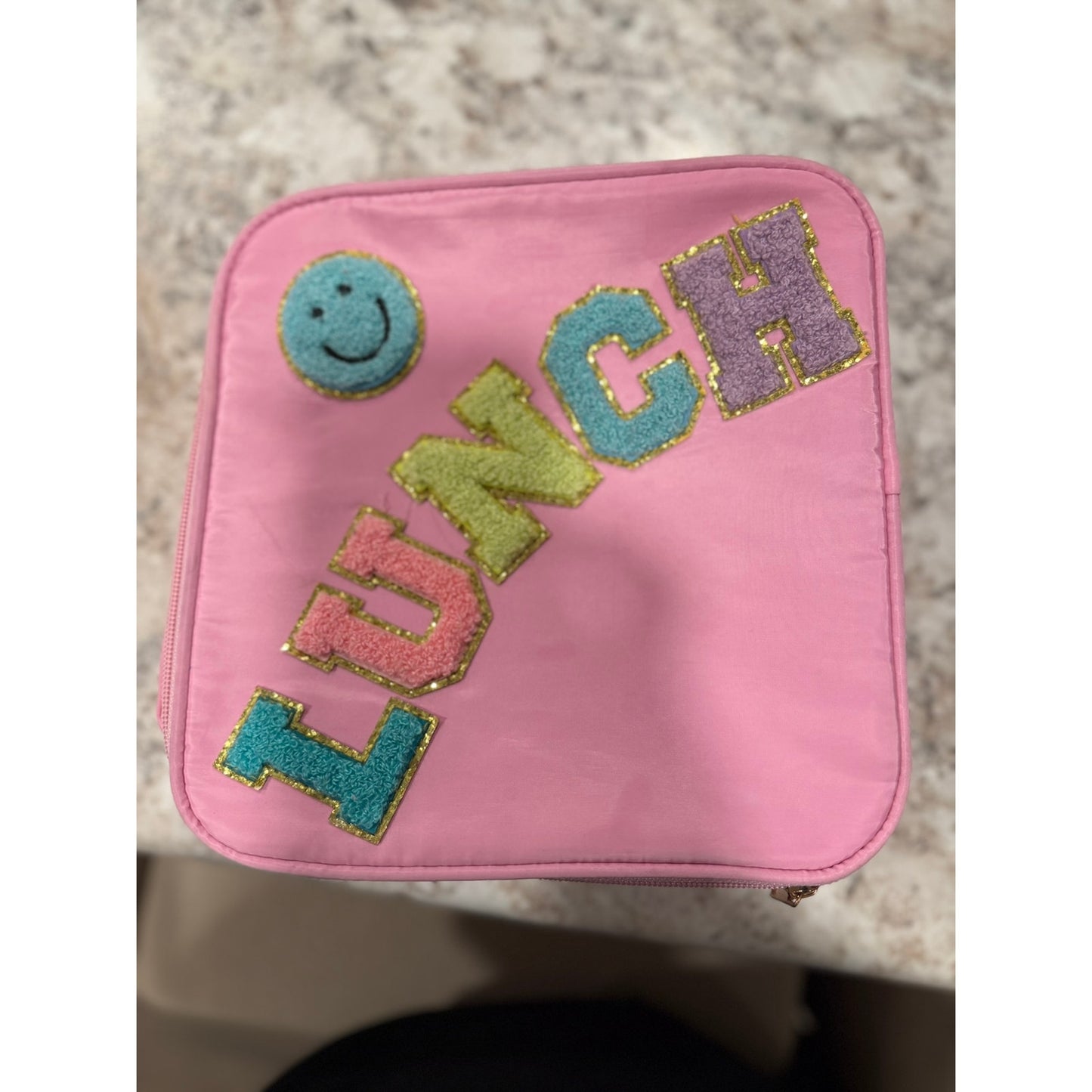 Insulated Lunch Bag Nylon Preppy Lunch Box Large Insulated Lunch Bag Reusable Lunch Tote Bag with Smiley Preppy LunchBag for Girls School Travel Picnic (Pink)