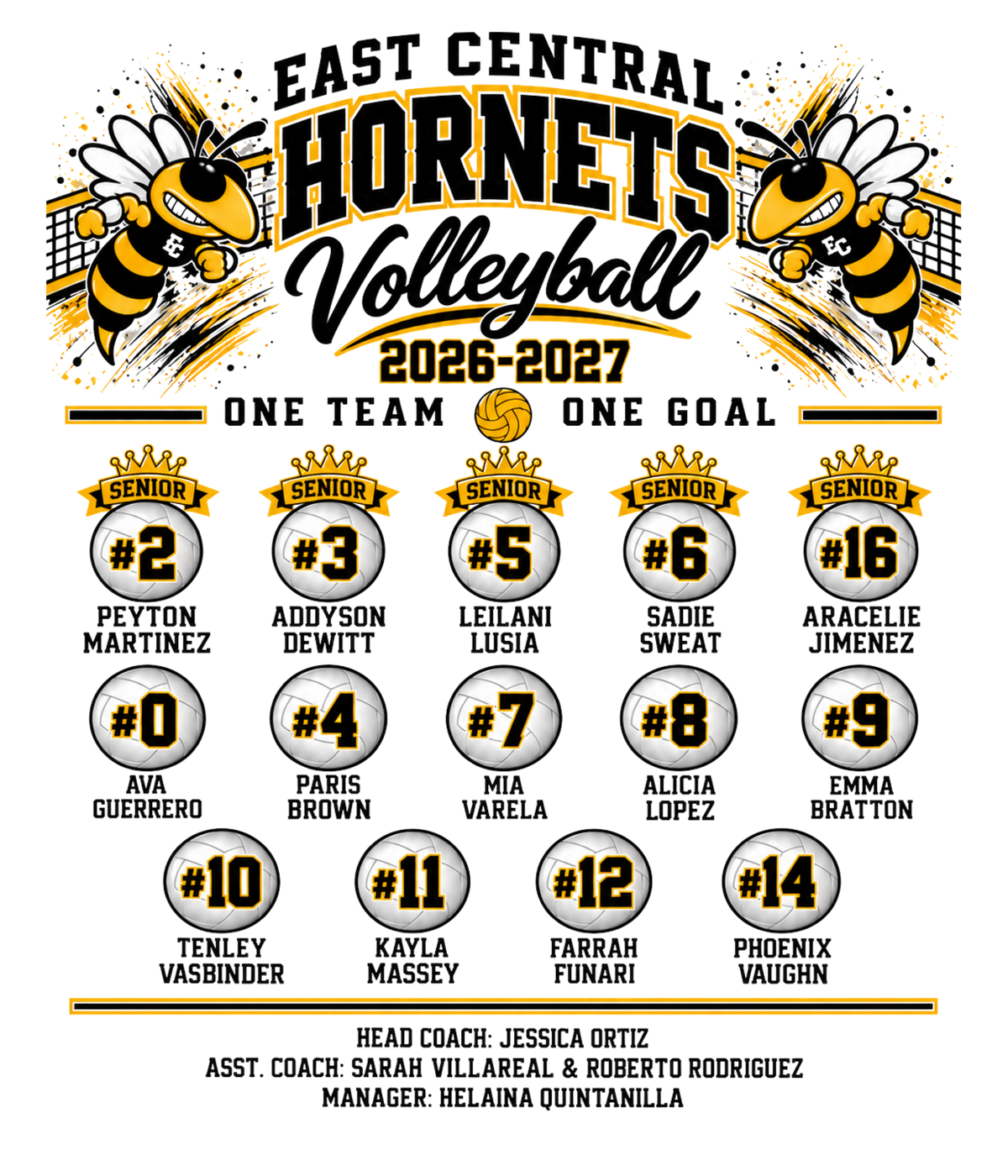 A sports team graphic for the East Central Hornets Volleyball 2026-2027, featuring a black, yellow, and white design with illustrated hornets, player rosters in circular avatars, and team statistics listed at the bottom.