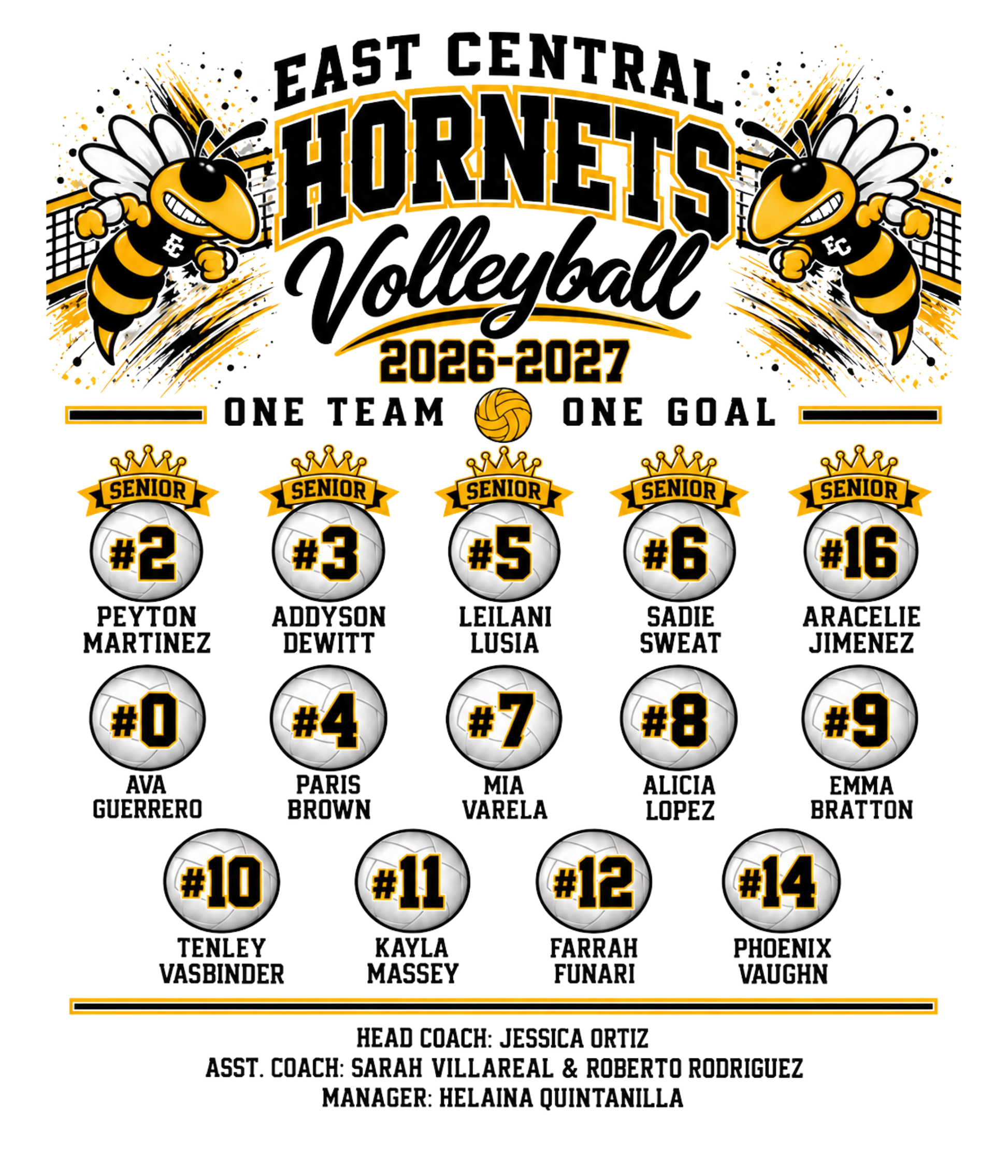 A sports team graphic for the East Central Hornets Volleyball 2026-2027, featuring a black, yellow, and white design with illustrated hornets, player rosters in circular avatars, and team statistics listed at the bottom.