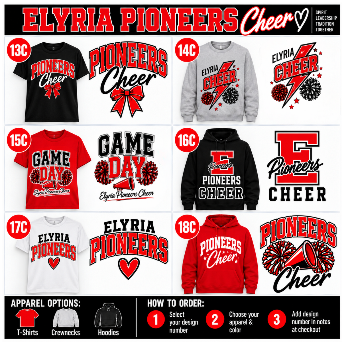 A promotional collage showing multiple apparel color options for the Elyria Pioneers Cheer team, including black, gray, red, white, and black hoodies, each with different printed graphics such as 'Pioneers Cheer,' 'Game Day,' and a large 'E.' The top banner reads 'ELYRIA PIONEERS Cheer' and the bottom includes apparel options and ordering instructions.