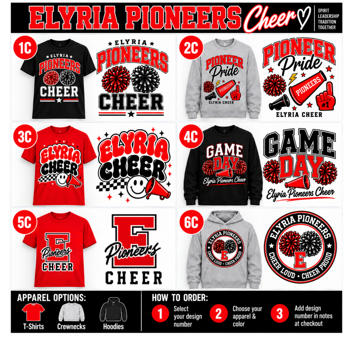 A promotional collage showing multiple apparel designs from Elyria Pioneers Cheer, including black, red, gray, and white crewneck t-shirts, hoodies, and a circular pin-style graphic. The layout includes size/variant numbers 1C through 6C, a 'How to Order' section, and the Elyria Pioneers Cheer branding across the top and on the products.