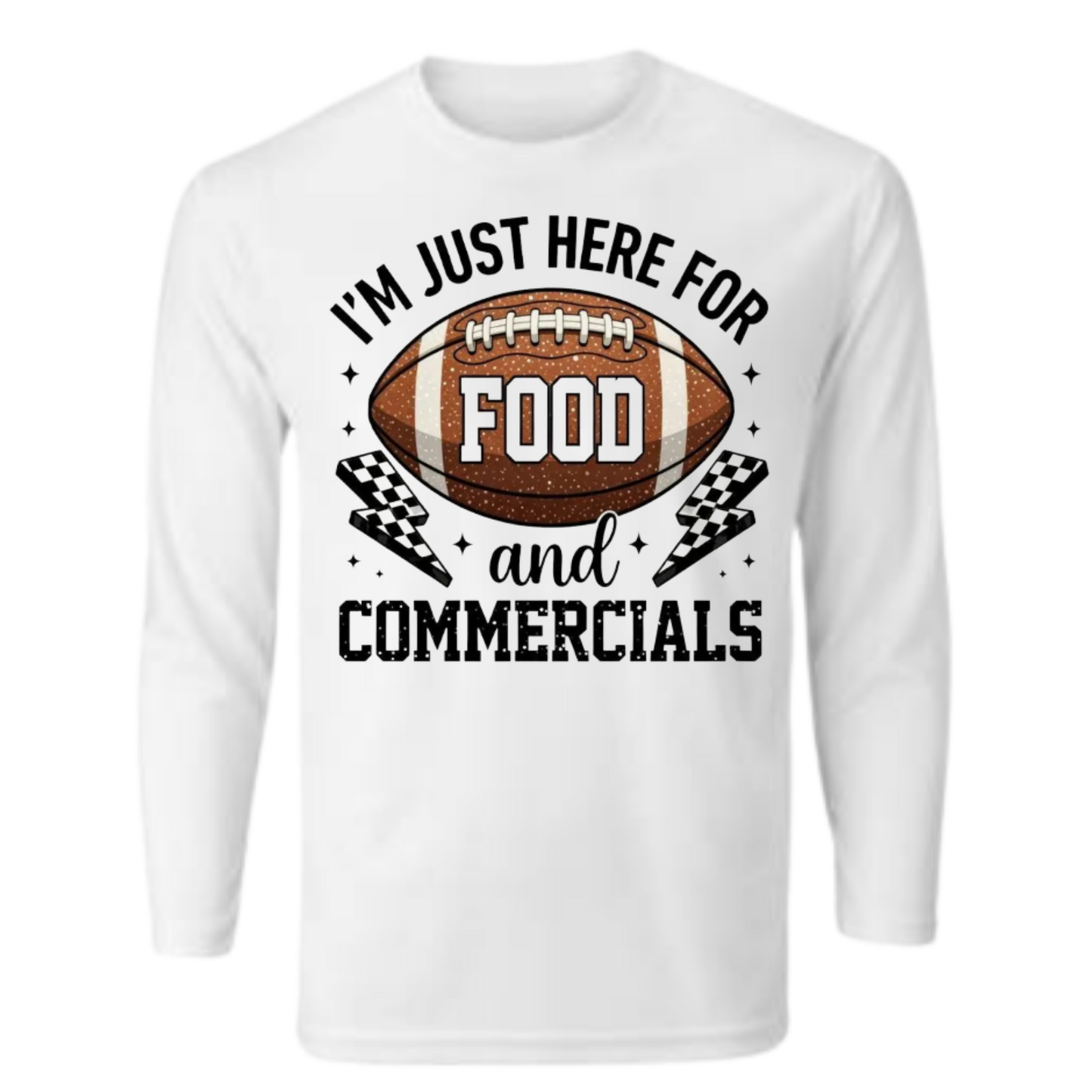 White long-sleeve shirt with football graphic and text on a white background
