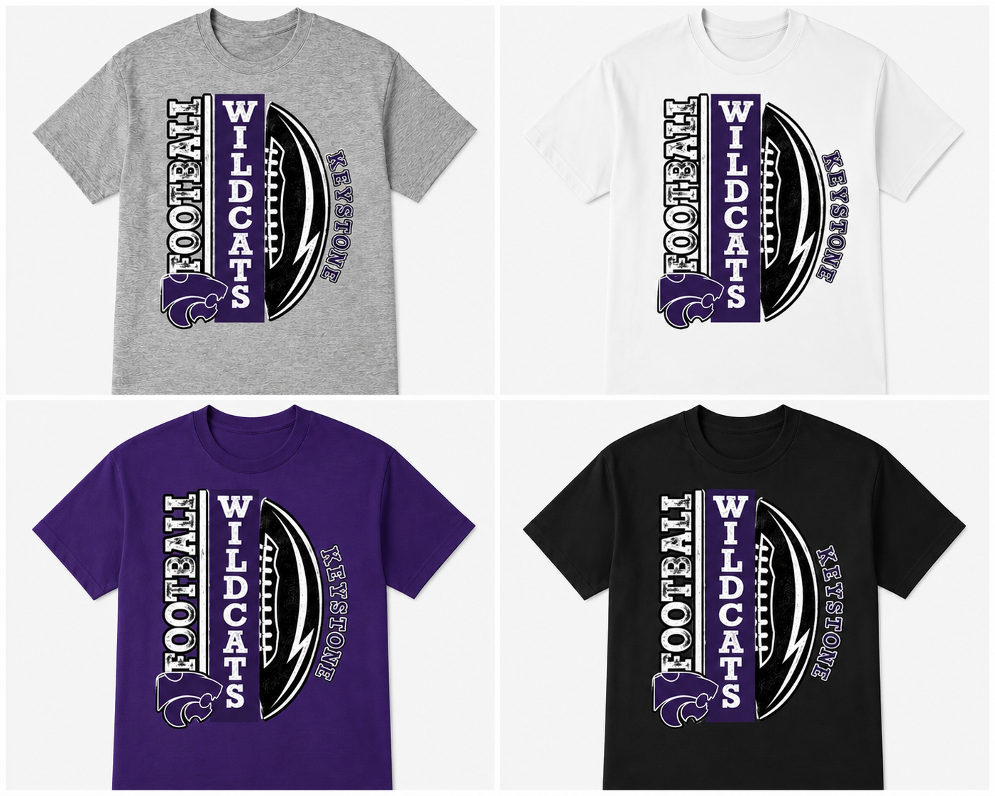 Four short-sleeve crewneck t-shirts shown in a 2x2 grid, each with a different base color: heather gray, white, purple, and black. Each shirt features a large graphic on the front with the words 'FOOTBALL WILDCATS' and 'MAYWOOD' around a football illustration, plus a wildcat mascot logo.