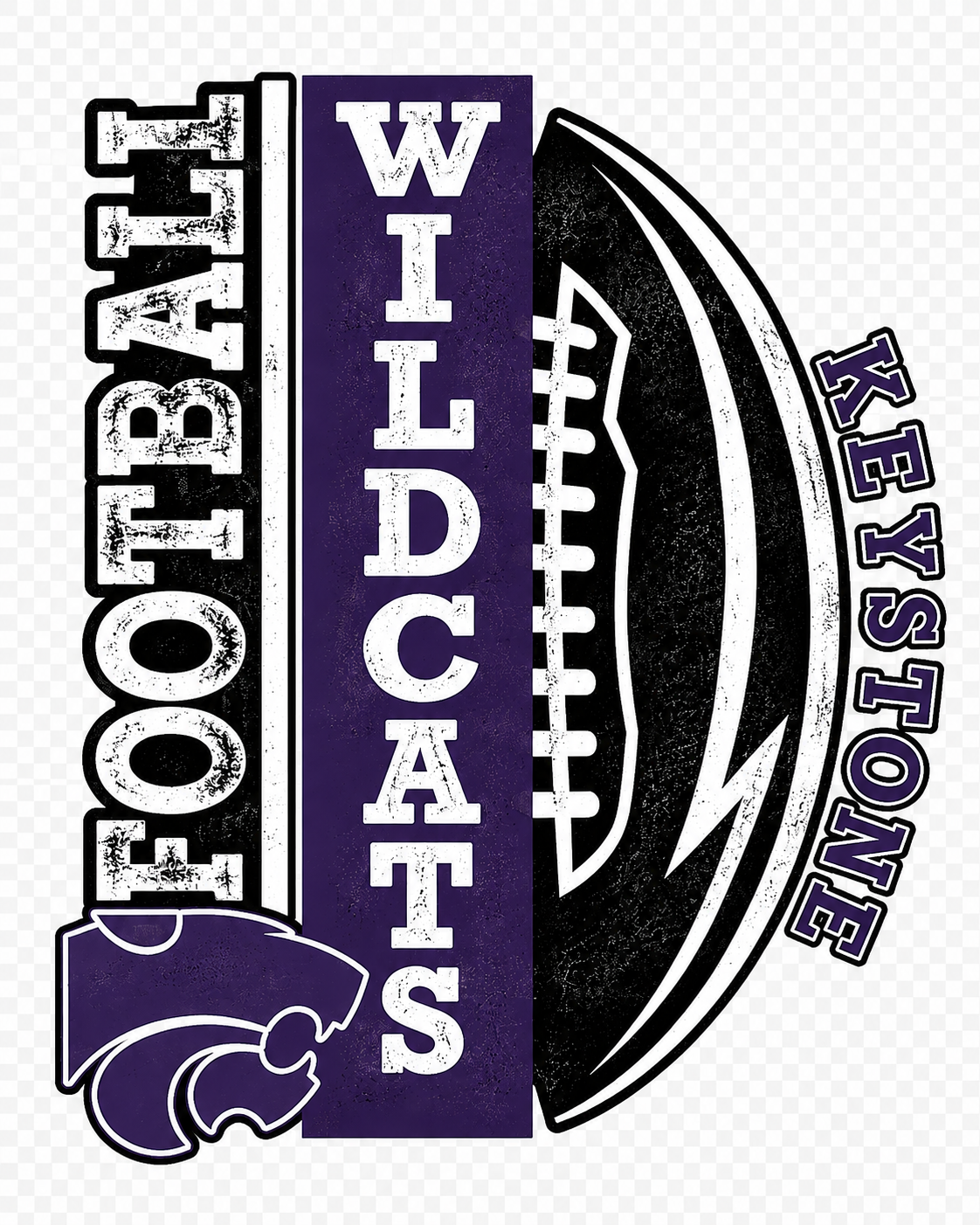 A sports graphic design featuring a purple vertical banner with the word 'WILDCATS' in distressed white letters, flanked by 'FOOTBALL' on the left and 'KEYSTONE' on the right. A stylized wildcat head logo appears at the bottom left, and a black football with white laces is shown on the right side, all on a transparent checkerboard background.