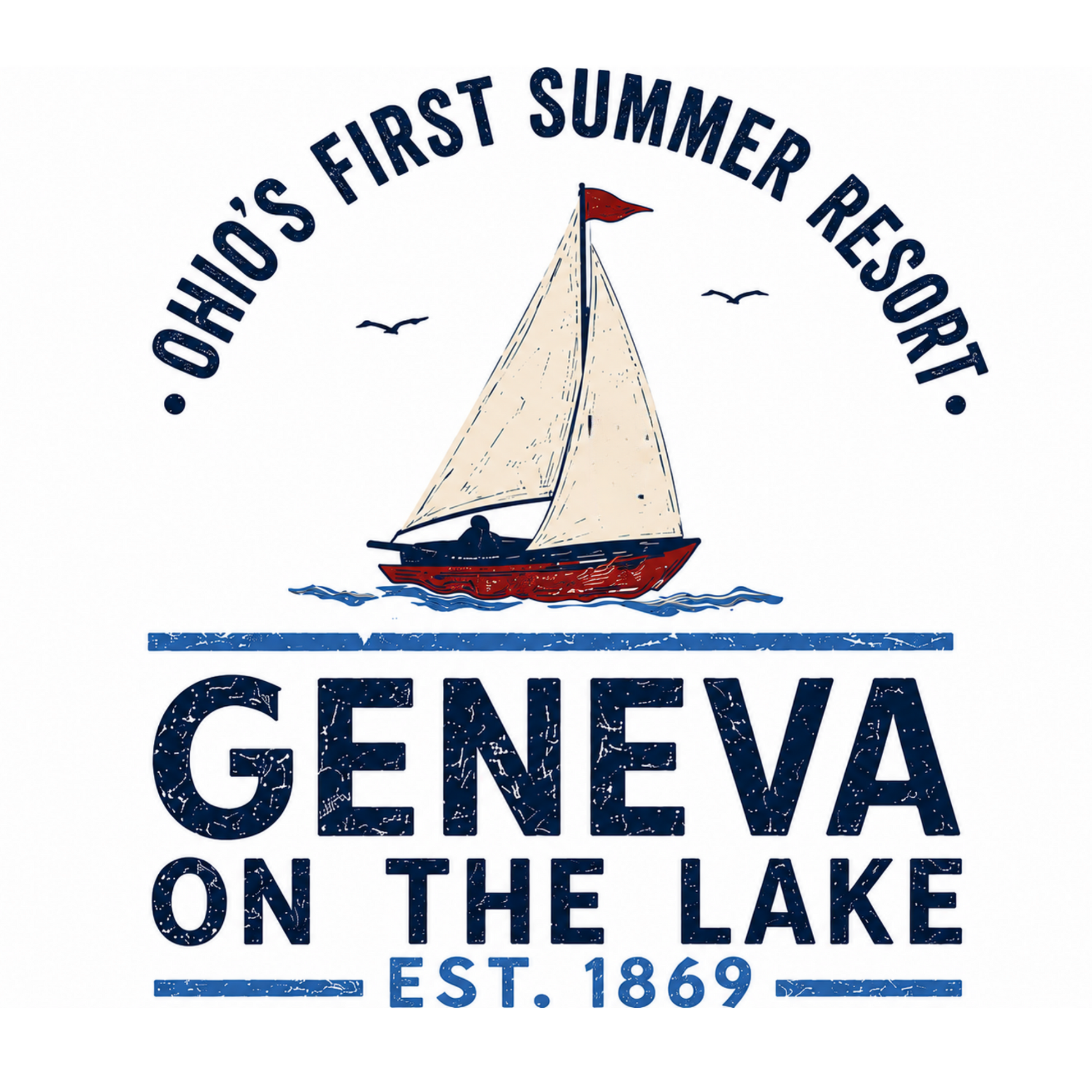A vintage-style graphic print featuring a sailboat on blue water with the text 'OHIO'S FIRST SUMMER RESORT' arched above and 'GENEVA ON THE LAKE EST. 1869' below, on a white background.