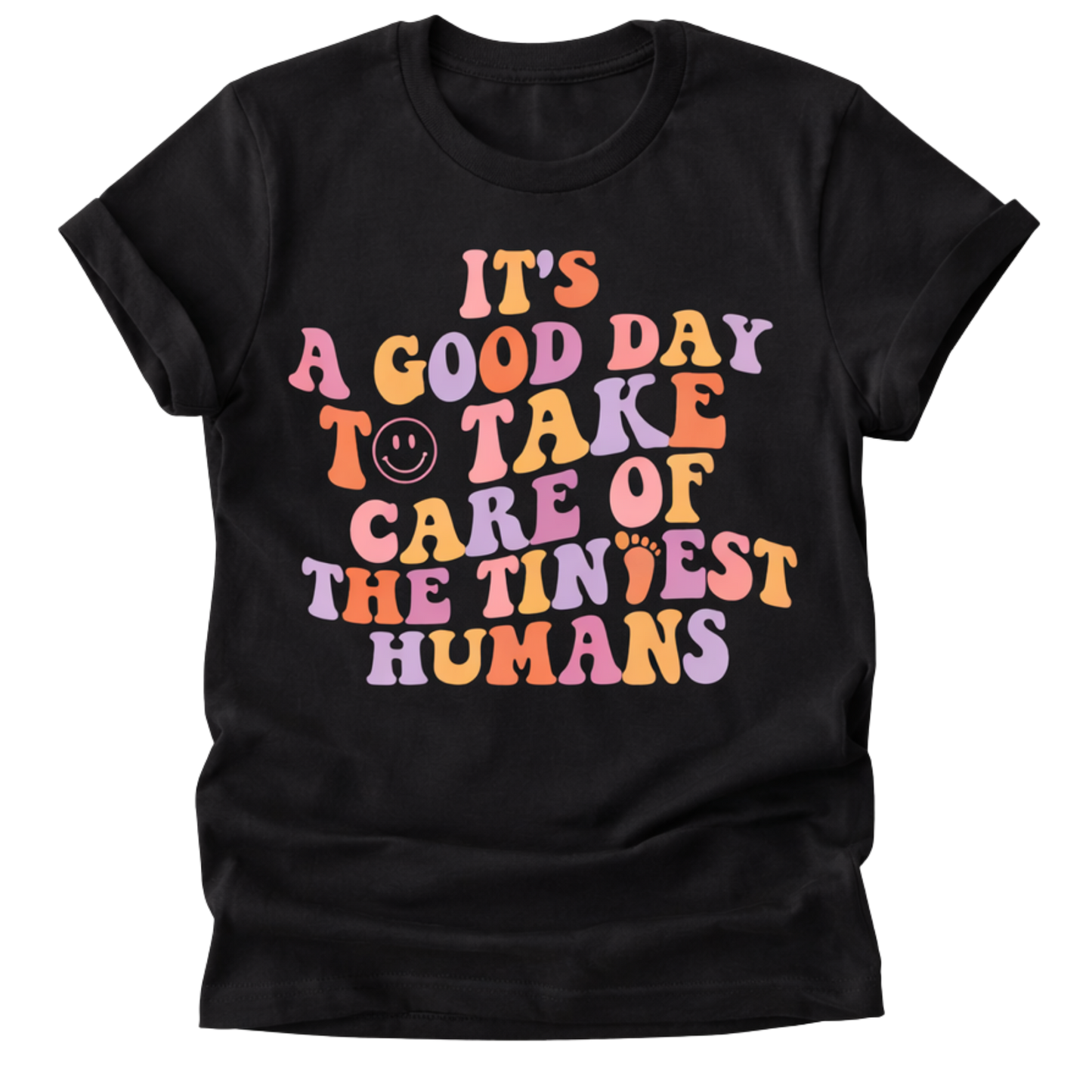 Black t-shirt with colorful text and graphics on a white background