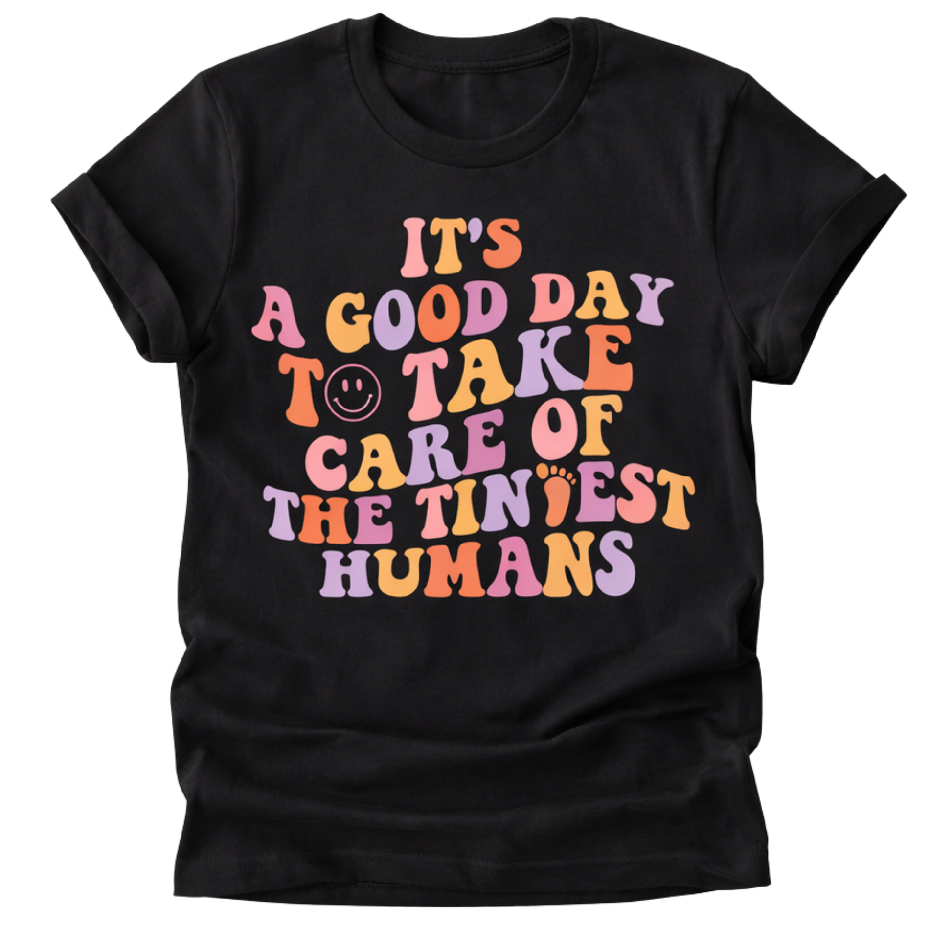Black t-shirt with colorful text and graphics on a white background