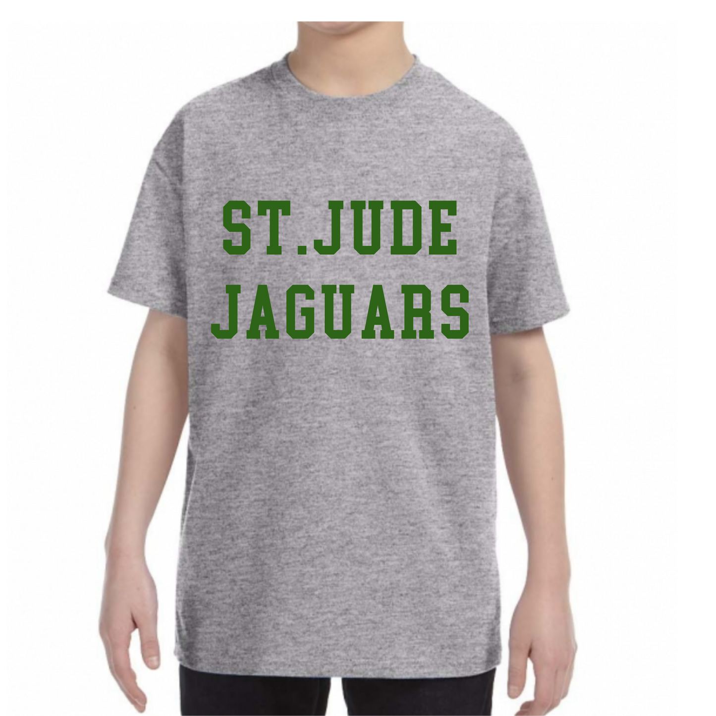 A child wearing a heather gray short-sleeve t-shirt with 'ST. JUDE JAGUARS' printed in green block letters across the chest, shown against a plain white background.