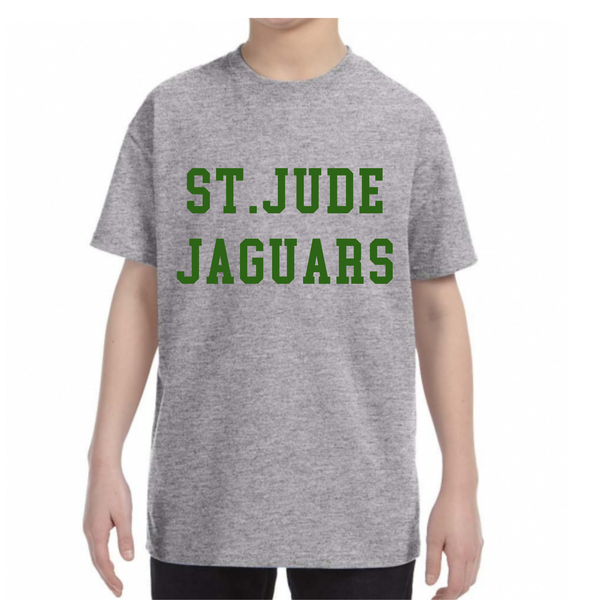 A child wearing a heather gray short-sleeve t-shirt with 'ST. JUDE JAGUARS' printed in green block letters across the chest, shown against a plain white background.