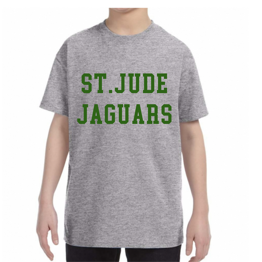 A child wearing a heather gray short-sleeve t-shirt with 'ST. JUDE JAGUARS' printed in green block letters across the chest, shown against a plain white background.