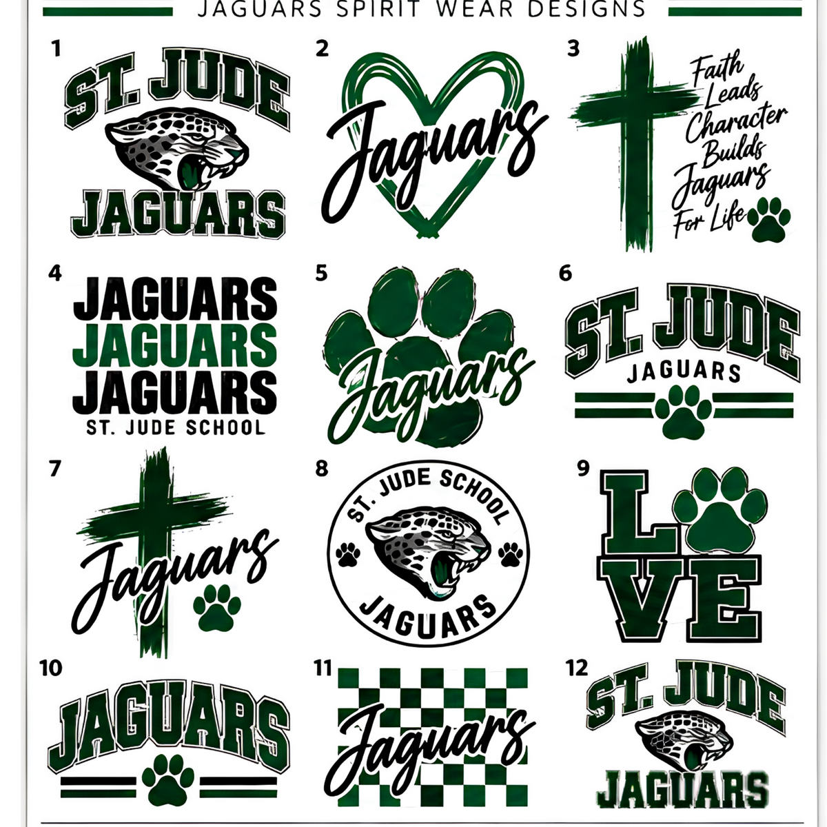 A collage of 12 St. Jude Jaguars themed graphic designs, including logos, paw prints, a cross, and motivational text, presented on a white background with a green header.