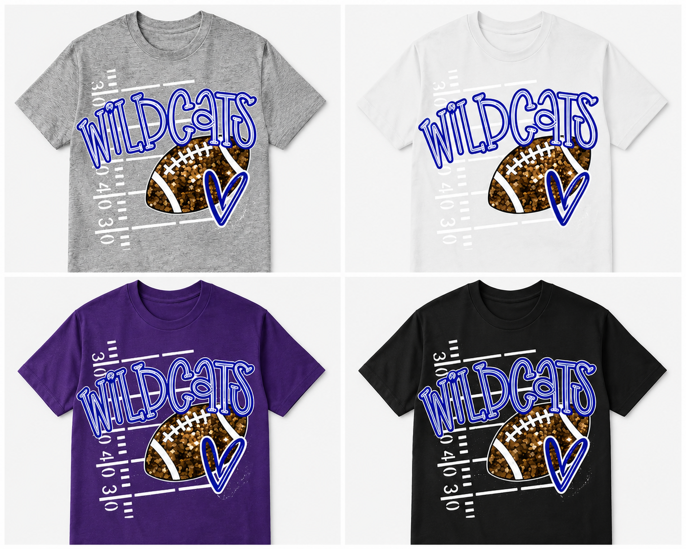 Four short-sleeve t-shirts shown in a 2x2 grid, each in a different base color: heather gray, white, purple, and black. Each shirt features a large blue 'WILDCATS' graphic, a football design with leopard print, and a blue heart outline on a white field.