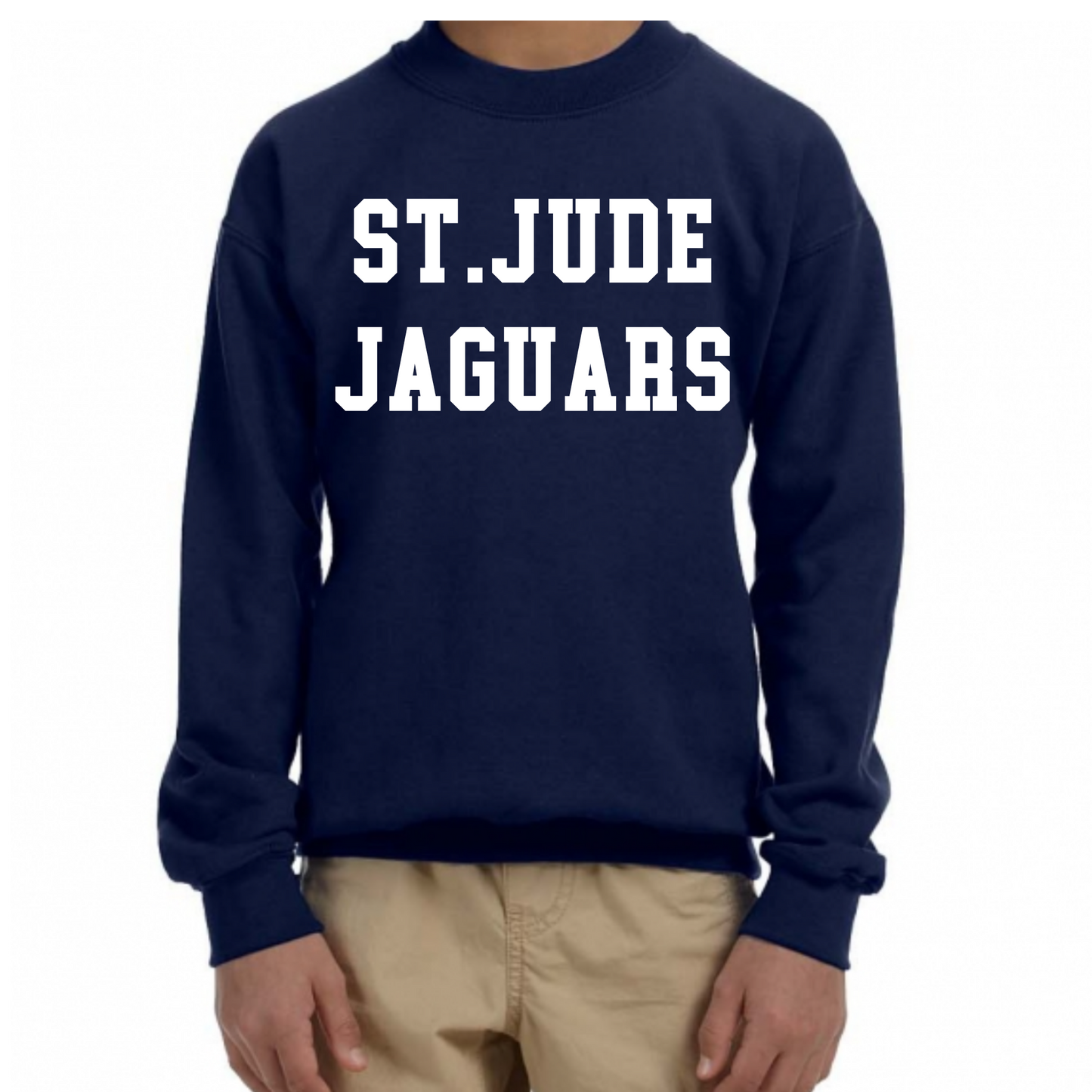 St. Jude Jaguars crewneck sweatshirt featuring the green Jaguar mascot logo on an athletic heather sweatshirt.