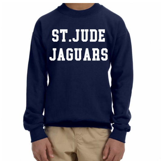 St. Jude Jaguars crewneck sweatshirt featuring the green Jaguar mascot logo on an athletic heather sweatshirt.