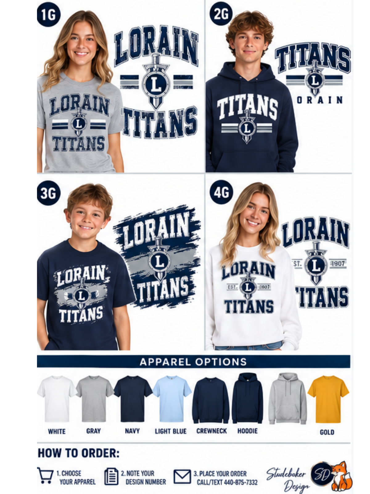 A promotional collage showing four models wearing apparel with the LORAIN TITANS graphic in different colorways, plus a row of apparel options and ordering information. Visible text includes LORAIN, TITANS, 1G, 2G, 3G, 4G, and Stockfaber Design.