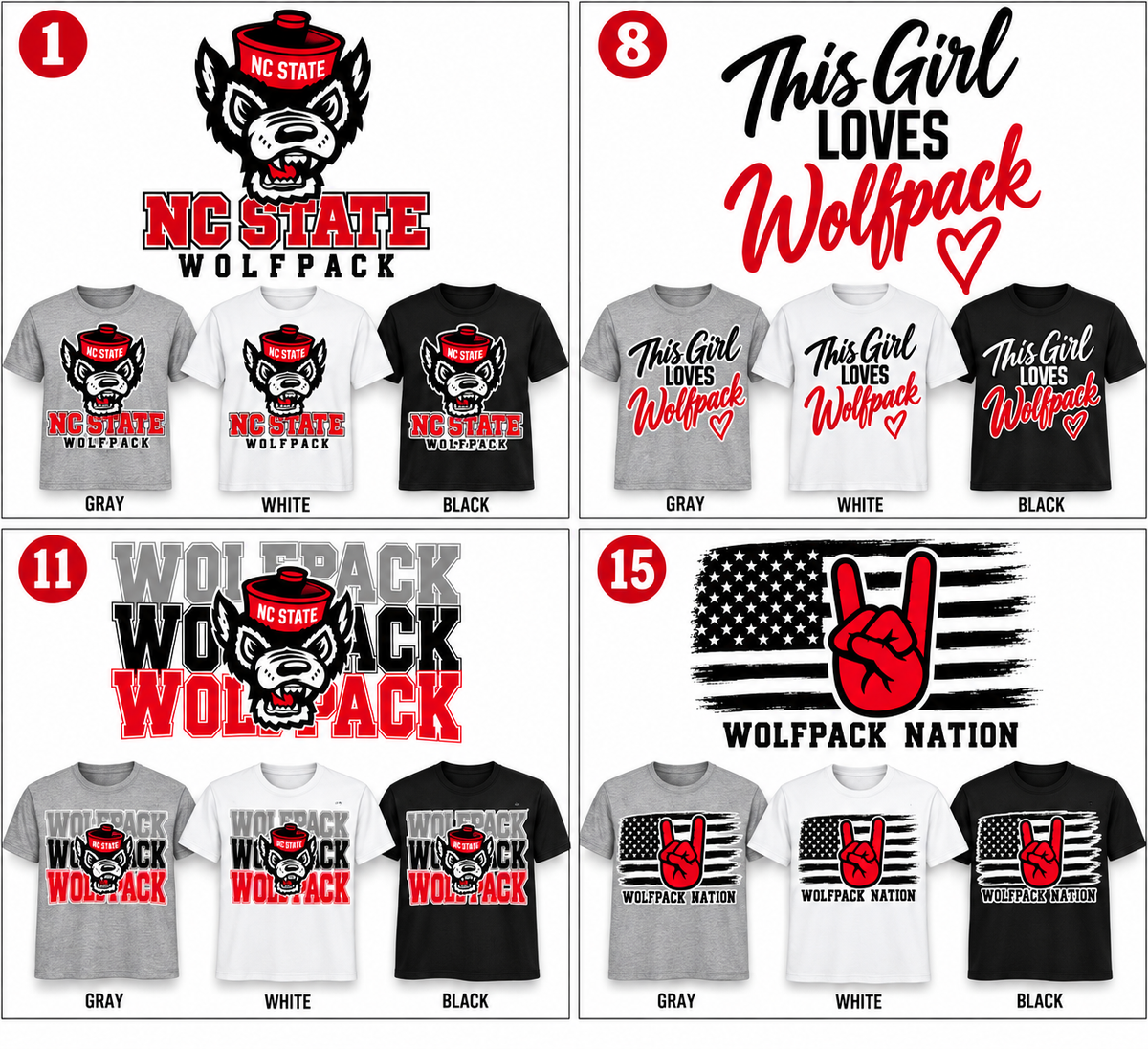 A 4-panel collage showing multiple t-shirt colorways and printed designs related to NC State Wolfpack and Wolfpack Nation. Panels include large graphic prints on gray, white, and black shirts, plus smaller shirt mockups in gray, white, and black.