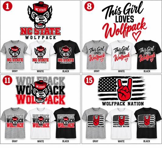 A 4-panel collage showing multiple t-shirt colorways and printed designs related to NC State Wolfpack and Wolfpack Nation. Panels include large graphic prints on gray, white, and black shirts, plus smaller shirt mockups in gray, white, and black.