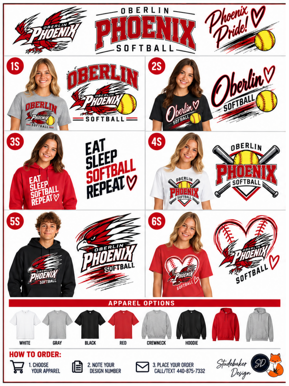 A promotional collage showing multiple apparel options for Oberlin Phoenix Softball, including t-shirts, hoodies, and sweatshirts in different colors, with photos of models wearing them and a row of color swatches at the bottom. The Oberlin Phoenix Softball branding appears prominently across the design.