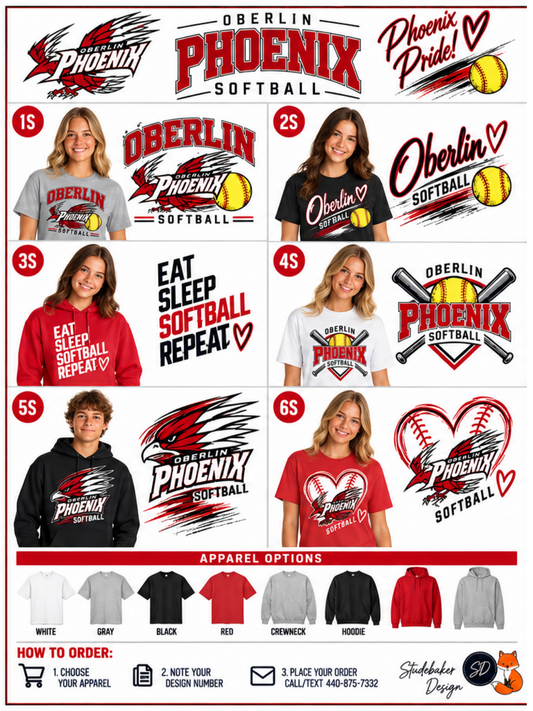 A promotional collage showing multiple apparel options for Oberlin Phoenix Softball, including t-shirts, hoodies, and sweatshirts in different colors, with photos of models wearing them and a row of color swatches at the bottom. The Oberlin Phoenix Softball branding appears prominently across the design.