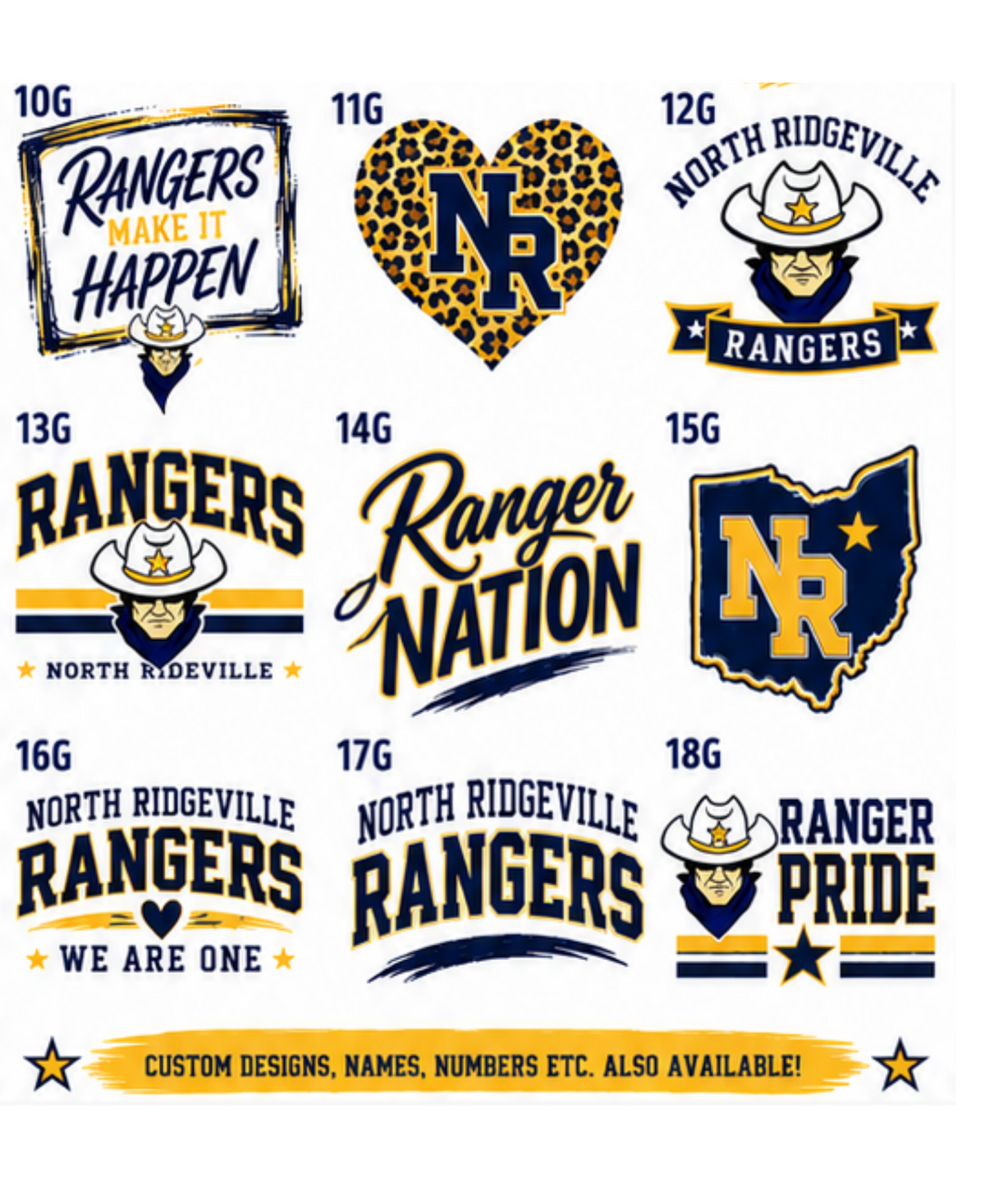 A sheet of custom North Ridgeville Rangers decals or stickers featuring multiple sports graphic designs in navy blue, yellow, and white. The designs include text slogans like 'Rangers Make It Happen', 'Ranger Nation', 'North Ridgeville Rangers We Are One', a leopard print heart with 'NR', an Ohio state outline with 'NR', and a cowboy ranger mascot.
