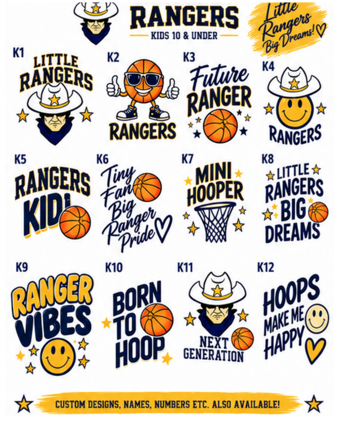 A sheet of 12 custom 'Rangers' themed sticker or decal designs, featuring basketball and cowboy hat motifs with text options like 'Little Rangers Big Dreams' and 'Future Ranger'.