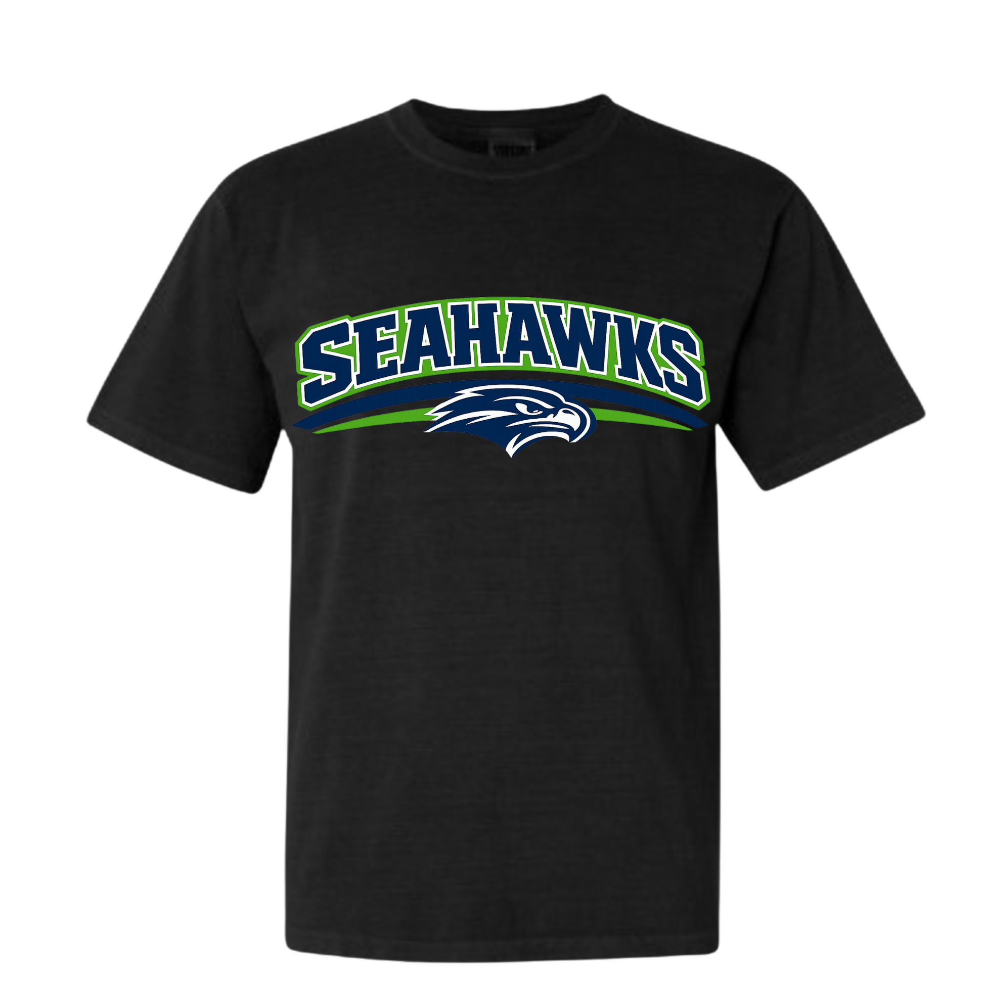 Black t-shirt with 'Seahawks' text and logo on a white background