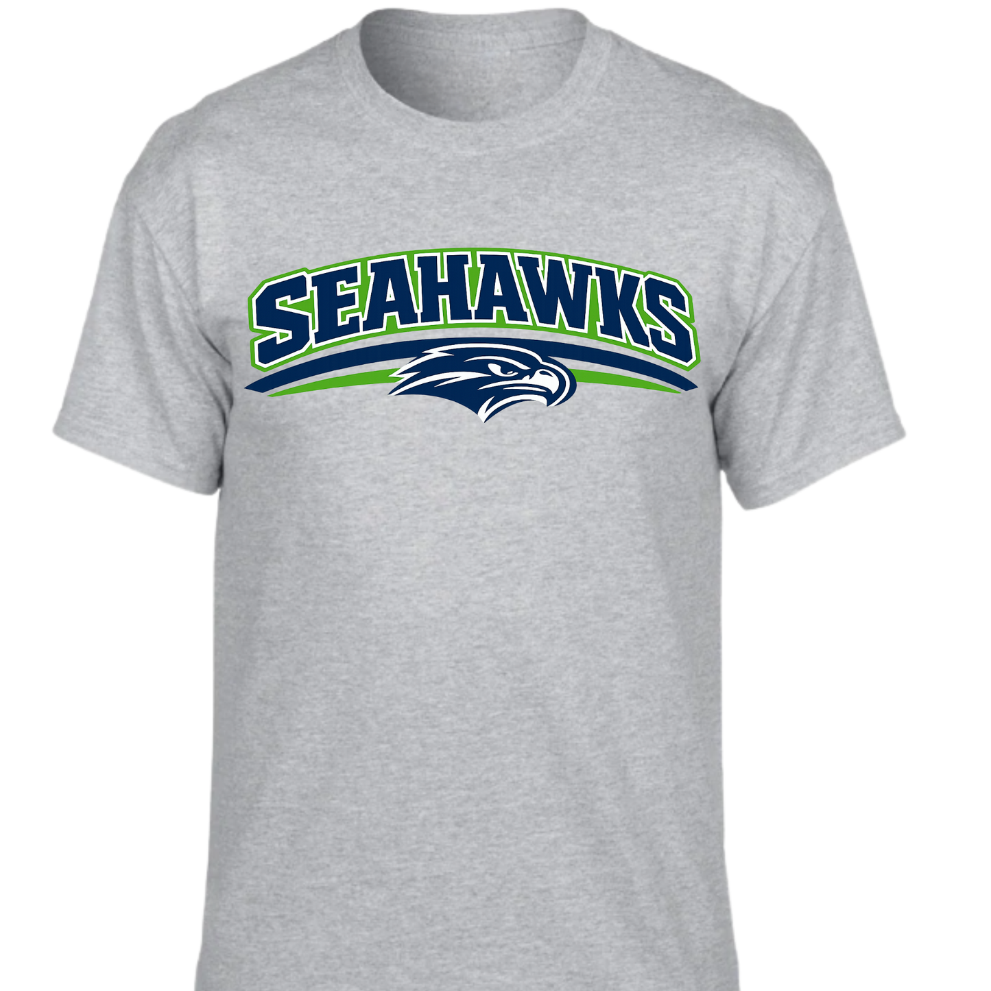 Gray t-shirt with 'Seahawks' logo on a white background