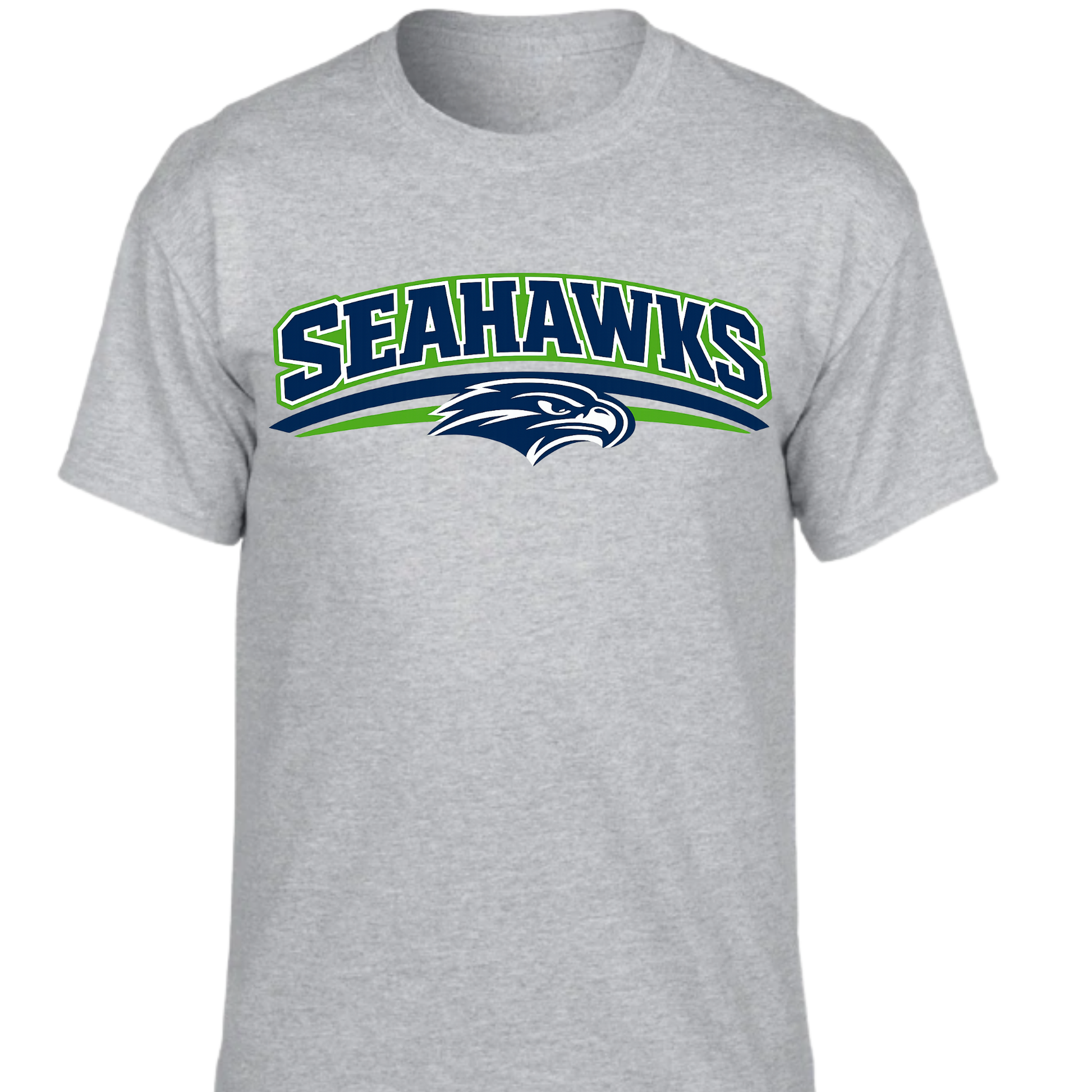 Gray t-shirt with 'Seahawks' logo on a white background