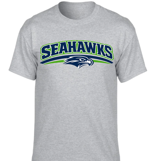 Gray t-shirt with 'Seahawks' logo on a white background