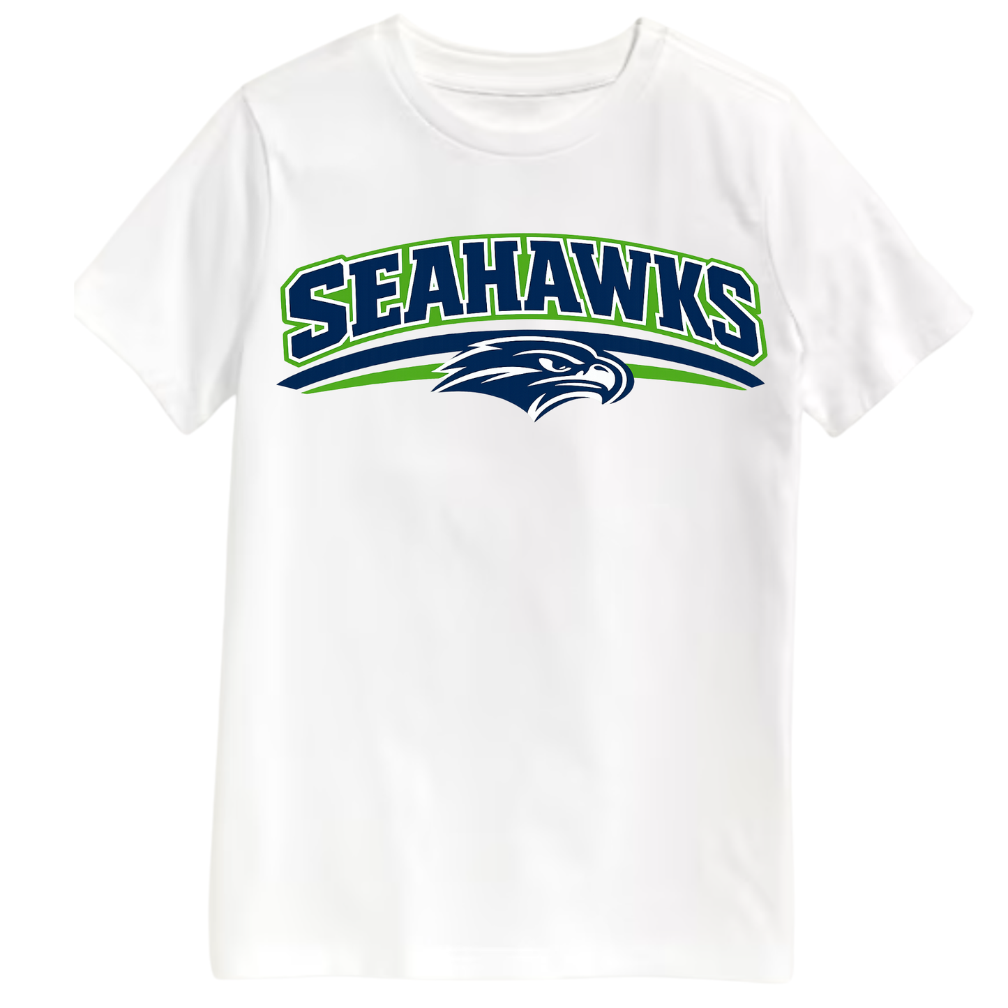 White t-shirt with 'Seahawks' and logo on a white background