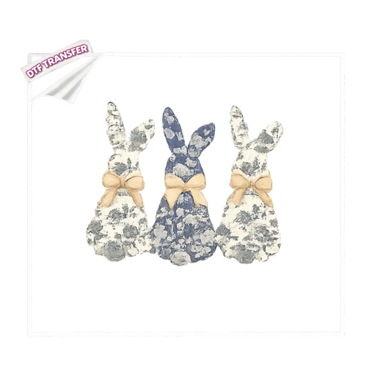 DTF Vintage Blue Floral Bunny Trio DTF Transfer – Farmhouse Easter Design