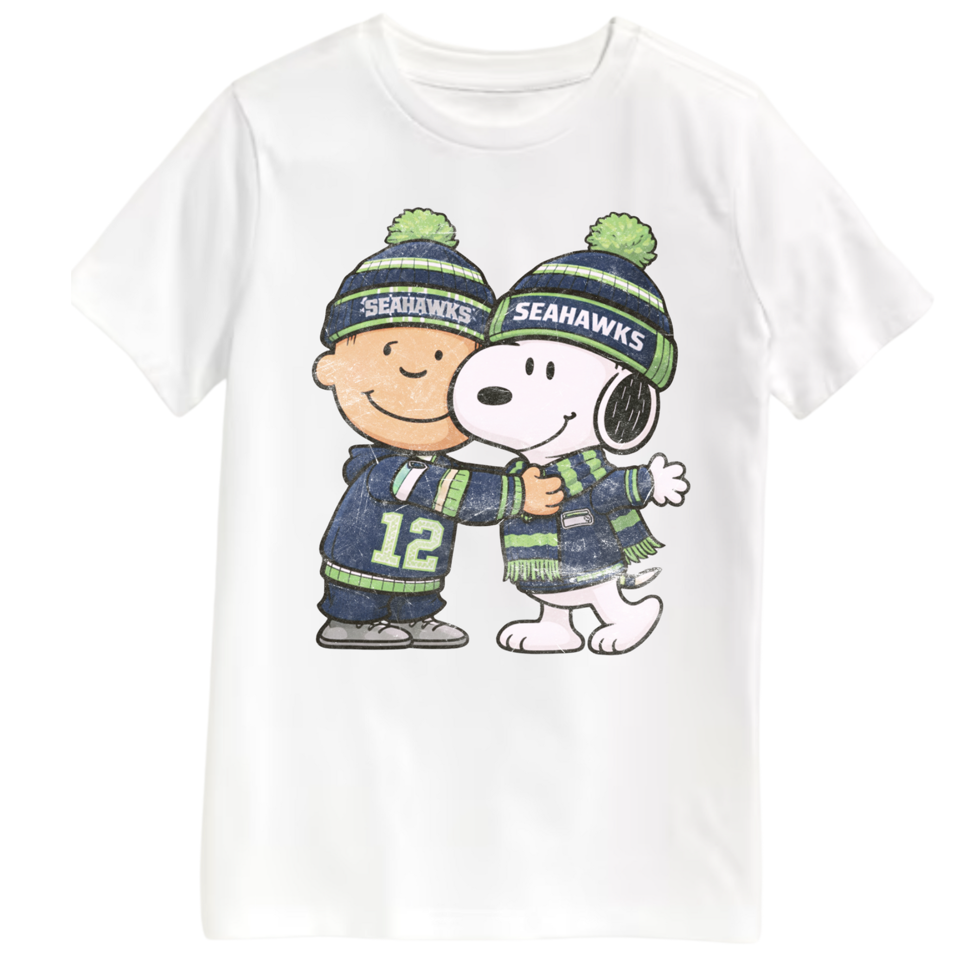White t-shirt with Charlie Brown and Snoopy wearing Seattle Seahawks-themed clothing on a white background