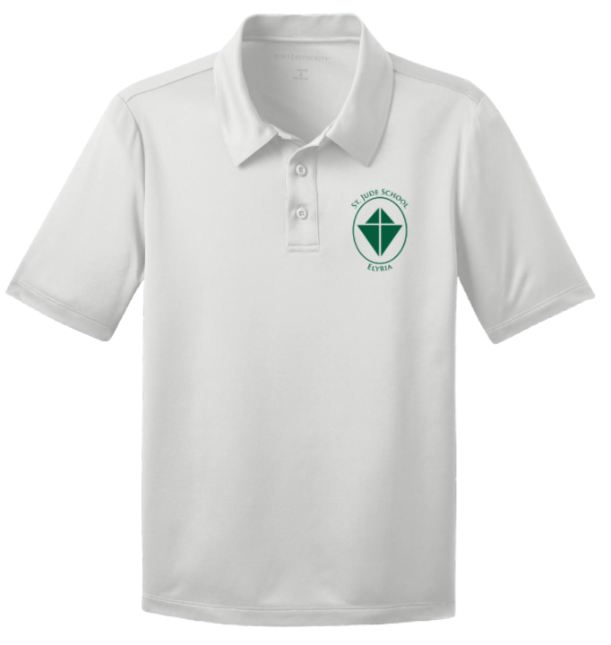 A white short-sleeve polo shirt with a green and white school emblem on the left chest, displayed on a clean white background.